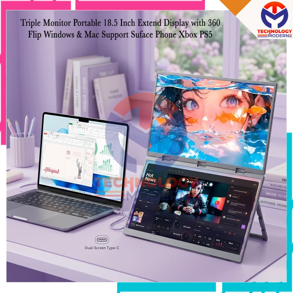 Triple Monitor Portable 18.5 Inch 120Hz Extend Display with 360º Flip Windows & Mac Support Surface Phone Xbox PS5 2
