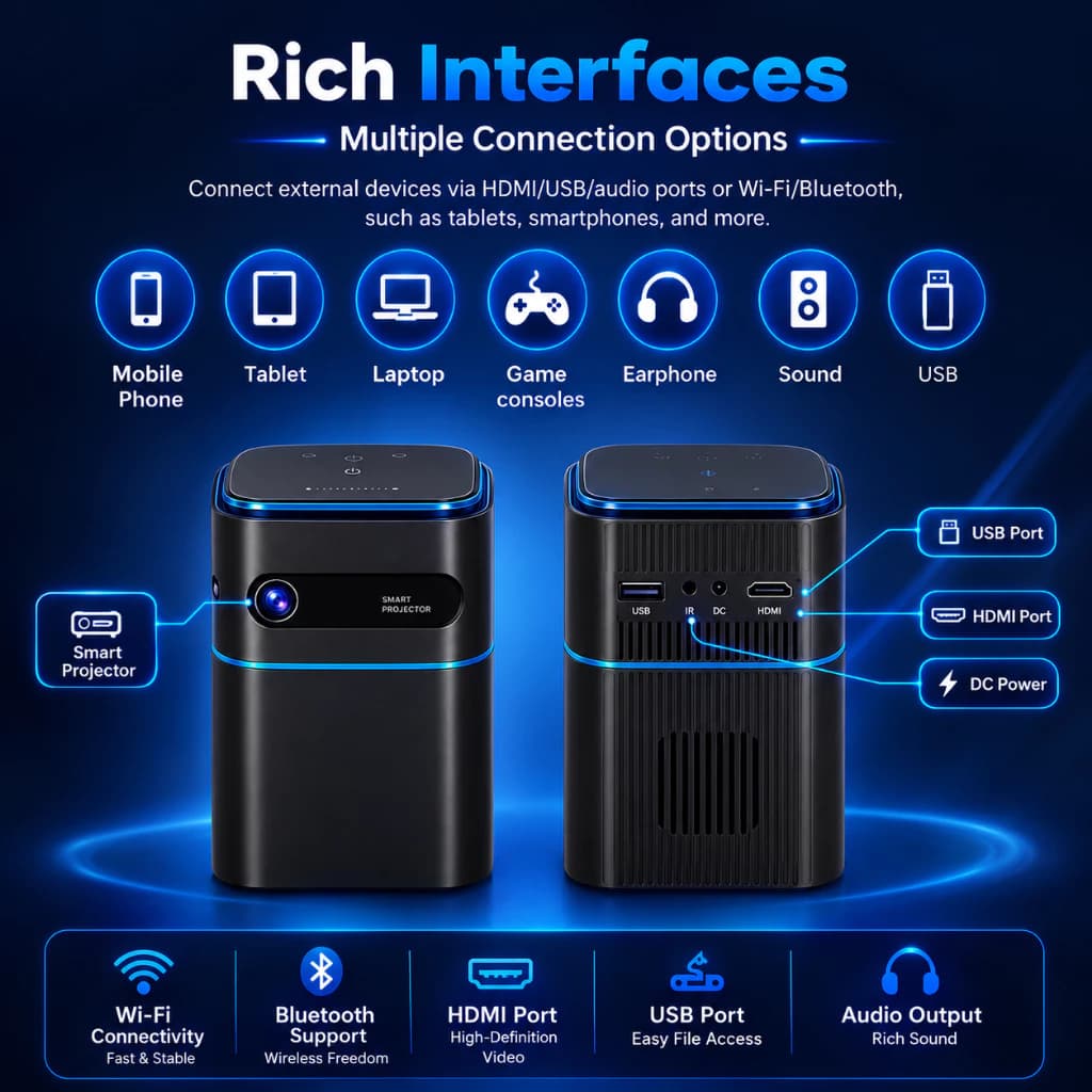 Mini Portable Proyektor 2/16 GB with 120 Lumens Ansi Android 9.0 & HDMI IN Support Bluetooth 5.0 & Wifi 2.4G/5G 4