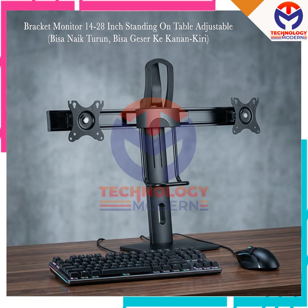 Bracket Dual Monitor 14-27 Inch Standing On Desk Adjustable (Bisa Naik-Turun & Geser Kanan-Kiri)