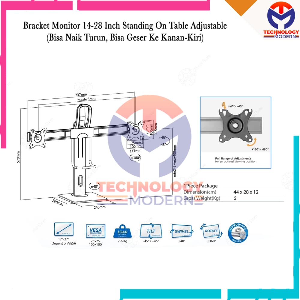 Bracket Dual Monitor 14-27 Inch Standing On Desk Adjustable (Bisa Naik-Turun & Geser Kanan-Kiri) 3