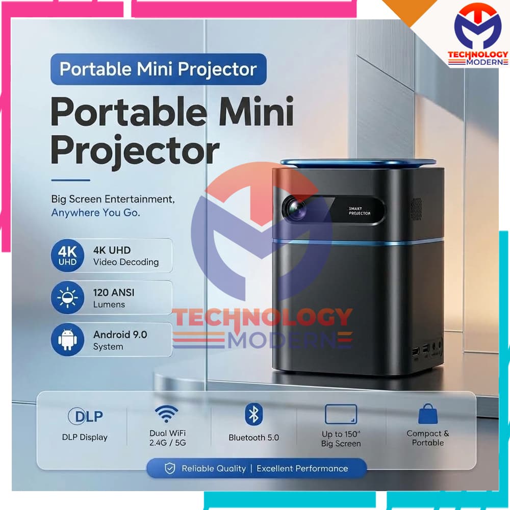 Mini Portable Proyektor 2/16 GB with 120 Lumens Ansi Android 9.0 & HDMI IN Support Bluetooth 5.0 & Wifi 2.4G/5G 3