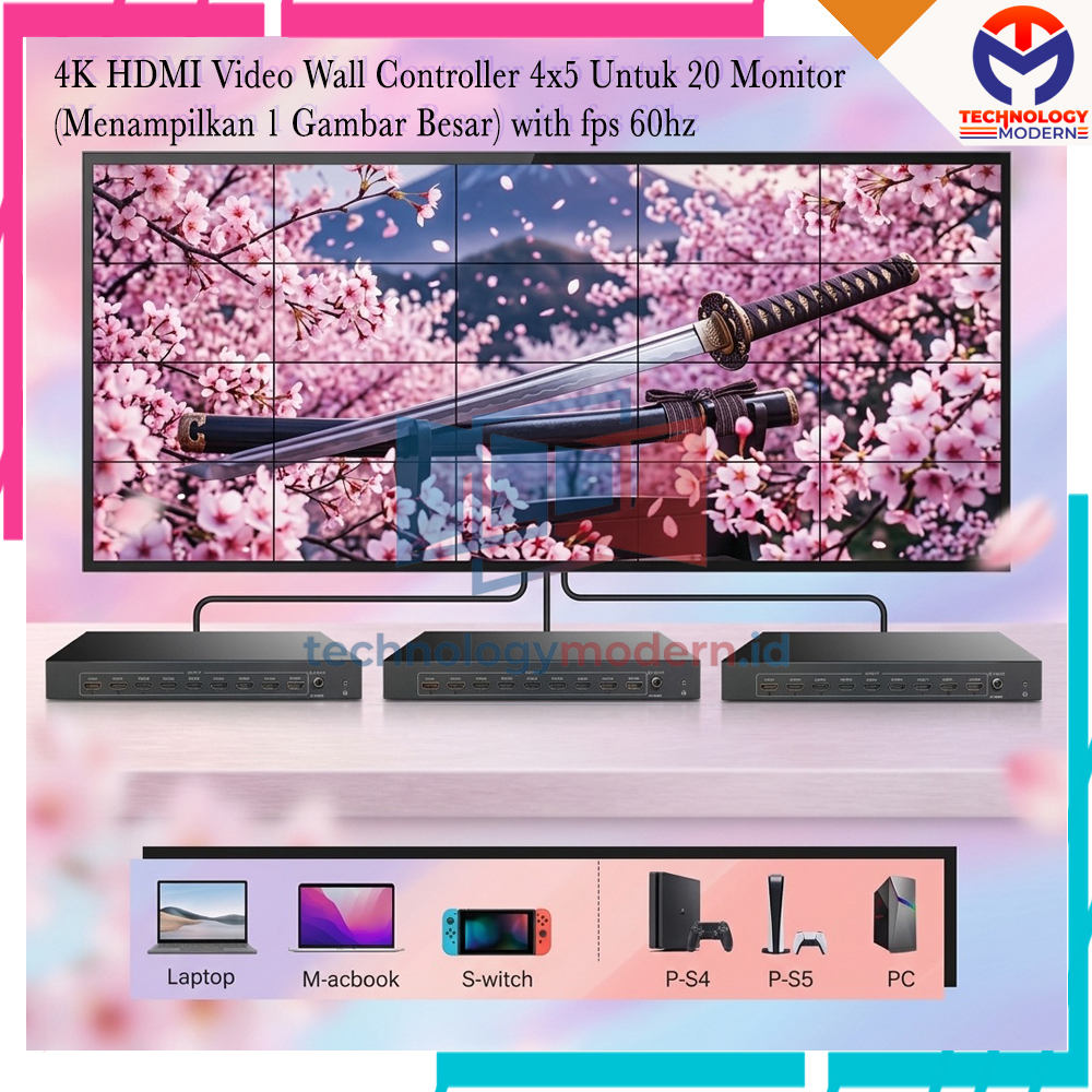 4K HDMI Video Wall Controller 4x5 Untuk 20 Monitor (Menampilkan 1 Gambar Besar) Support Audio & fps 60Hz
