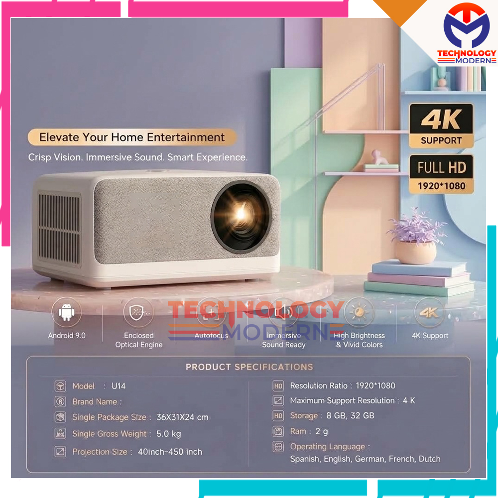 Proyektor Mini Portable Android 9.0 For Home Theater 3D Support Bluetooth & Wifi Original
