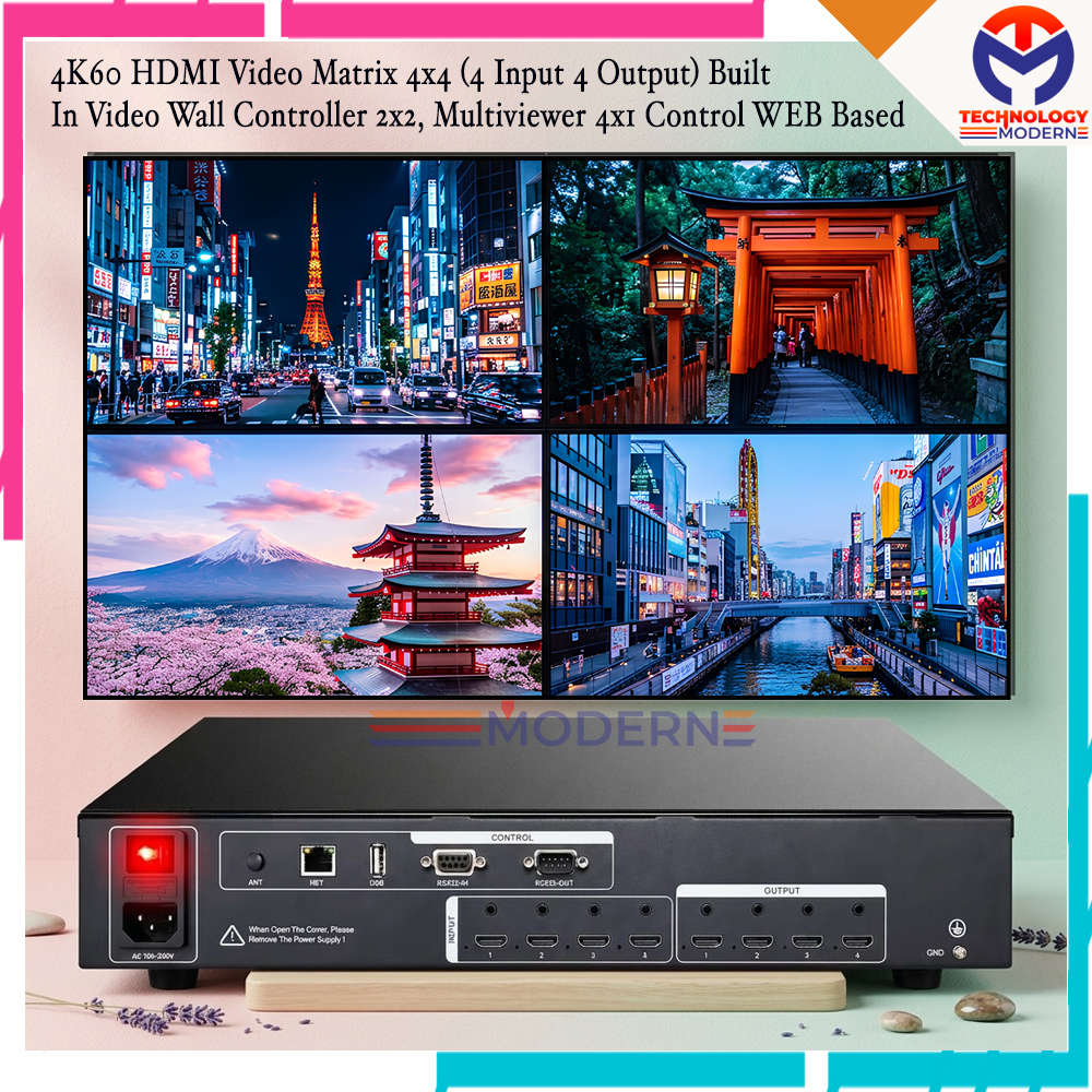 4K60 HDMI Video Matrix 4x4 (4 Input 4 Output) Built In Video Wall Controller 2x2, Multiviewer 4x1 Control WEB Based