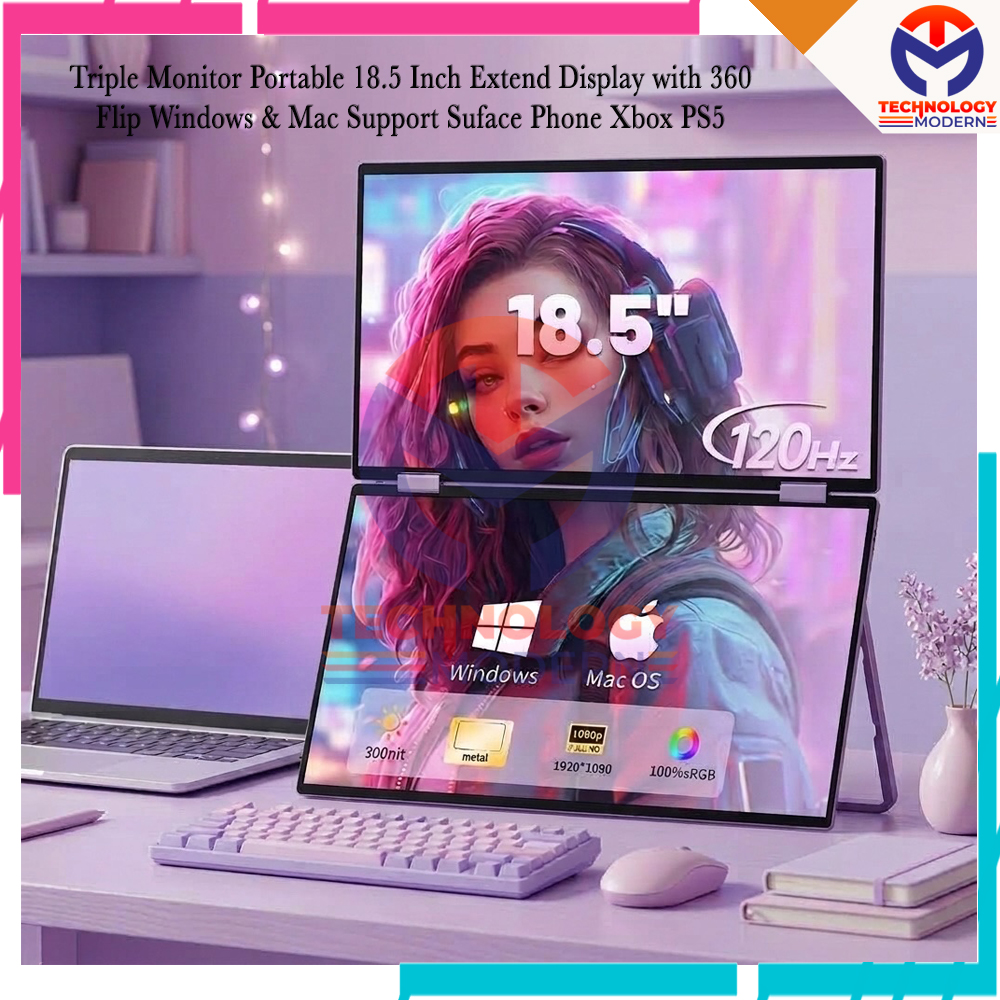 Triple Monitor Portable 18.5 Inch 120Hz Extend Display with 360º Flip Windows & Mac Support Surface Phone Xbox PS5